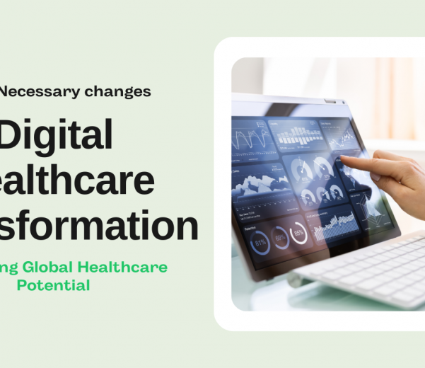 Digital Transformation in Healthcare with interactive data dashboard on tablet.
