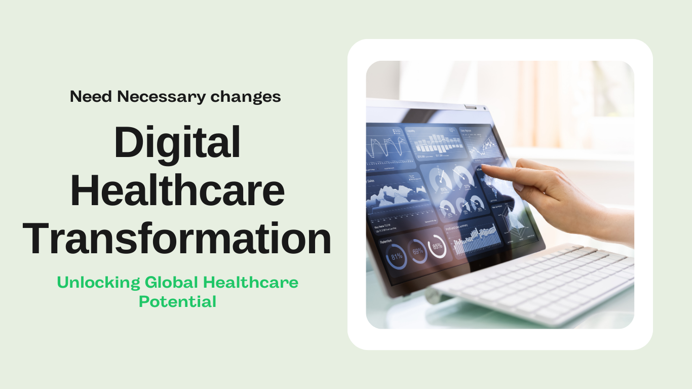 Digital Transformation in Healthcare with interactive data dashboard on tablet.